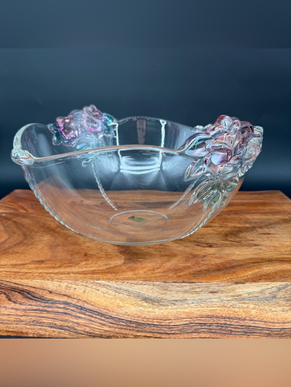 New ~ Mikasa Iridescent Clear Glass Serving Bowl with Pink Floral Handles